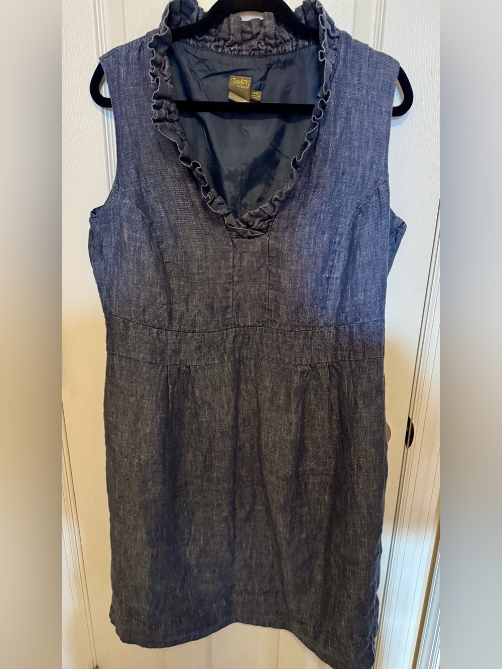 Taylor Woman Sleeveless Ruffled V-Neck Dark Chambray Linen Dress